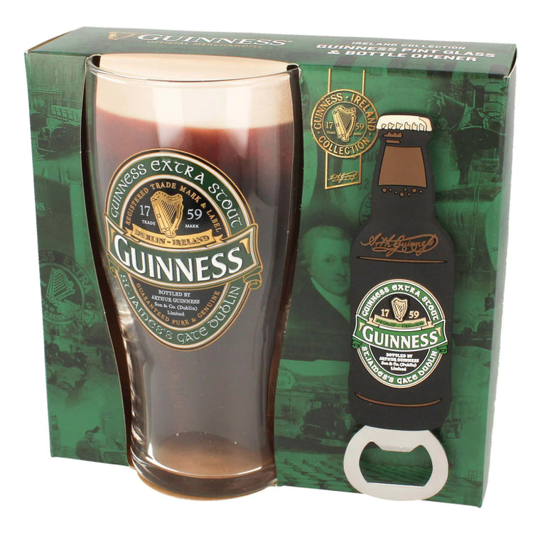 GUINNESS IRELAND LABEL PINT GLASS & PVC OPENER SET