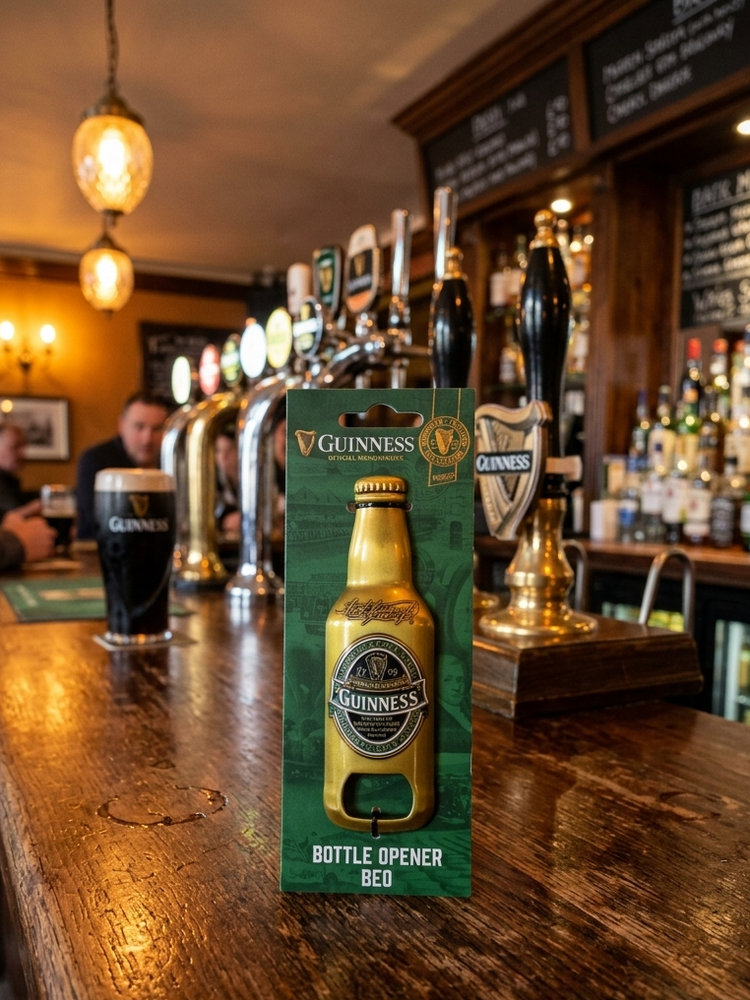 Guinness bottle opener on a bar with a pub setting in the background