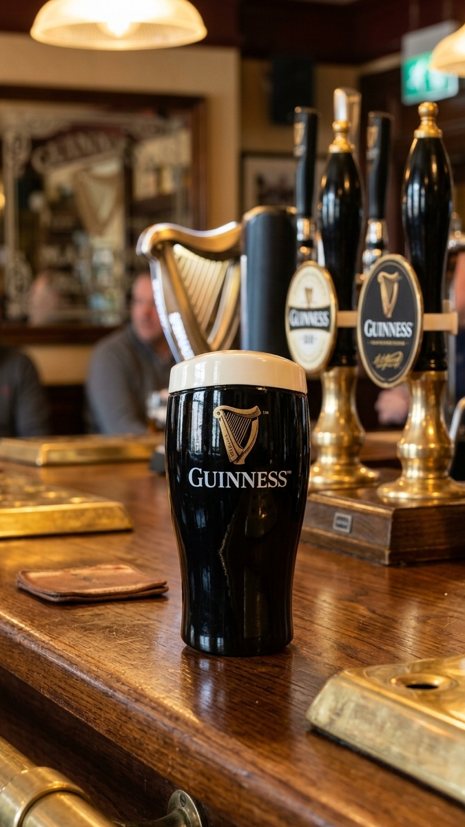 Guinness bottle on a bar with beer taps in the background