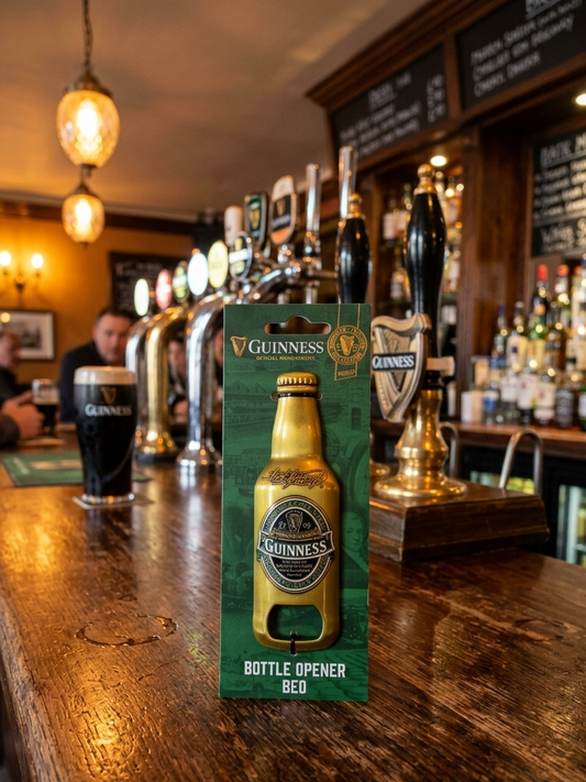 Guinness bottle opener on a bar with a pub setting in the background