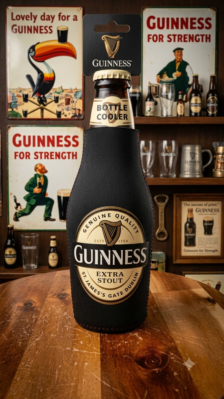 Guinness bottle with a bottle cooler on a wooden surface with vintage Guinness posters in the background.
