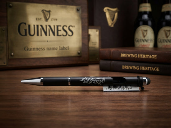 A black and silver Guinness-branded pen resting on a wooden tabletop, with a branded Guinness plaque, books, and bottles blurred in the background.