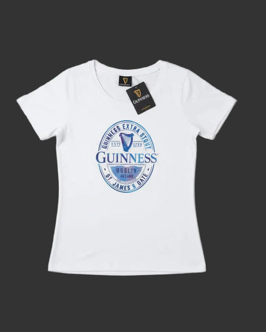 White t-shirt with Guinness logo on a hanger