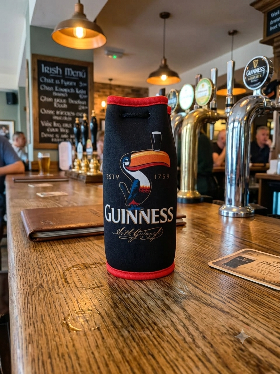 Guinness bottle in a can cooler on a bar counter with a pub setting in the background