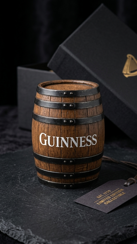 Wooden barrel with 'Guinness' branding on a dark surface