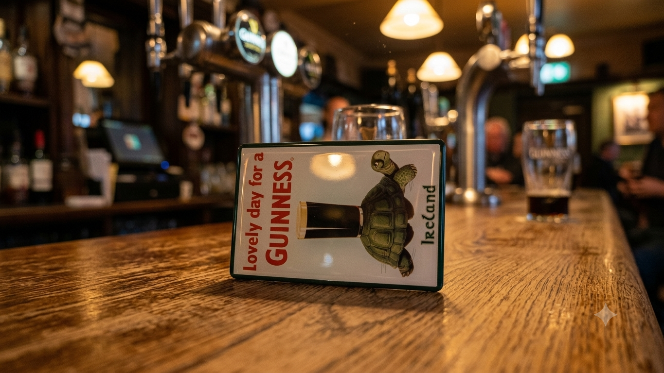 Guinness sign on a bar counter with a pub setting in the background