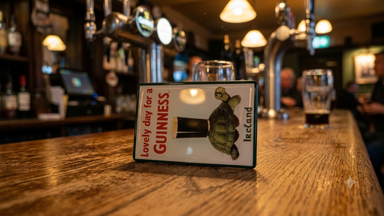 Guinness sign on a bar counter with a pub setting in the background