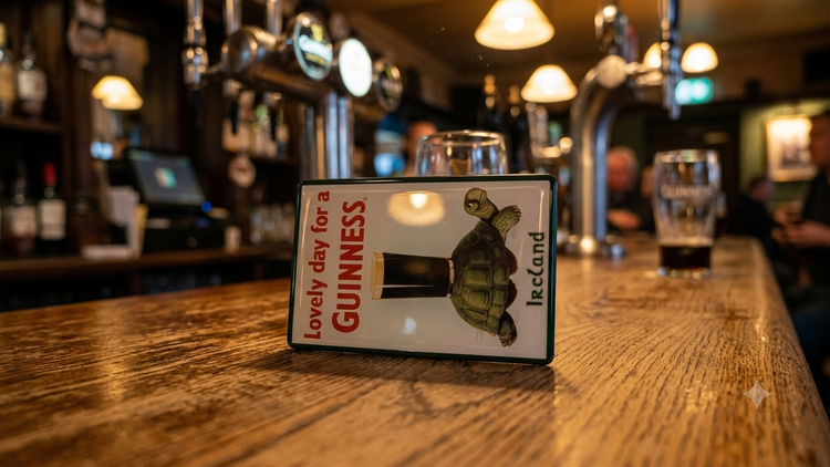 Guinness sign on a bar counter with a pub setting in the background