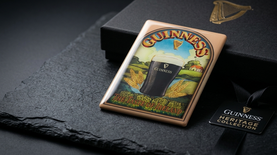 Guinness Heritage Collection wallet on a dark surface with a branded box in the background
