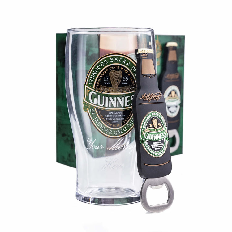 GUINNESS IRELAND LABEL PINT GLASS & PVC OPENER SET