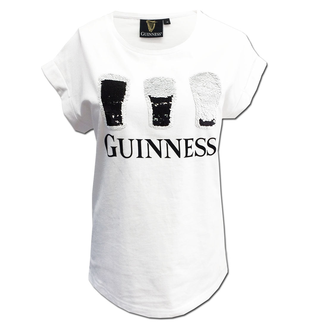 GUINNESS 2WAY SEQUIN PINT LADIES T-SHIRT (WHITE)