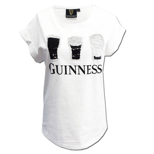 GUINNESS 2WAY SEQUIN PINT LADIES T-SHIRT (WHITE)