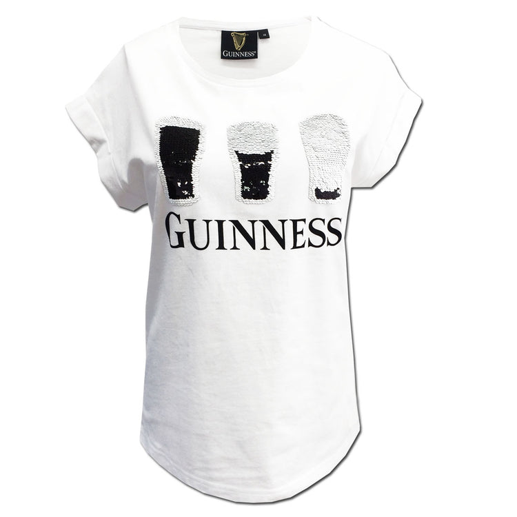 GUINNESS 2WAY SEQUIN PINT LADIES T-SHIRT (WHITE)