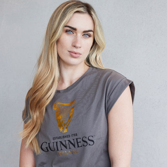 GUINNESS FOIL HARP ROLLED SLEEVE LADIES T-SHIRT (PEWTER)