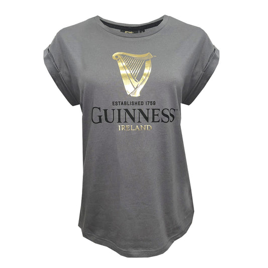 GUINNESS FOIL HARP ROLLED SLEEVE LADIES T-SHIRT (PEWTER)